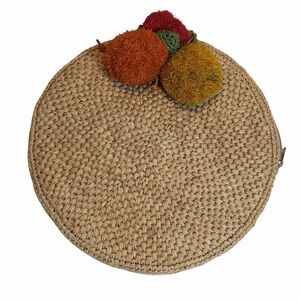 MAR Y SOL Round Straw Clutch with Colorful Pom Poms